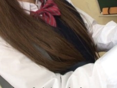 Hawt brunette hair student Ria Sakurai gets exposed for school principal after the classes and gets her slit stimulated by vibrator in advance of that chick gives head to him and other professors on her knees and getting banged hardcore in group sex session on the desk